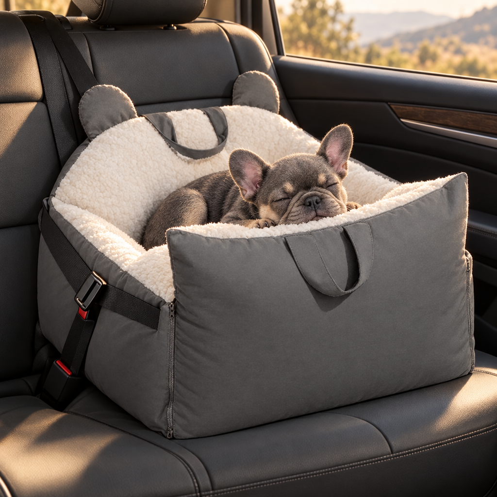 French Bulldog napping in the Stone Grey Snuggle Bear Bed