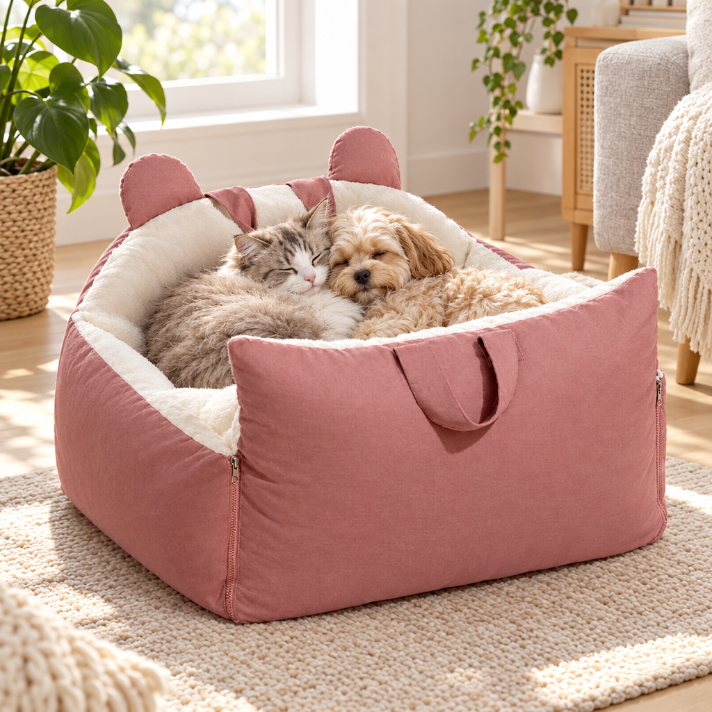 Cat and puppy curled up in the Snuggle Bear Bed at home