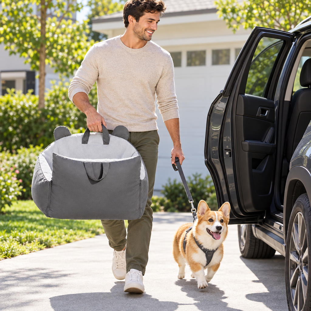 Carrying the Snuggle Bear Bed to the car with a happy corgi