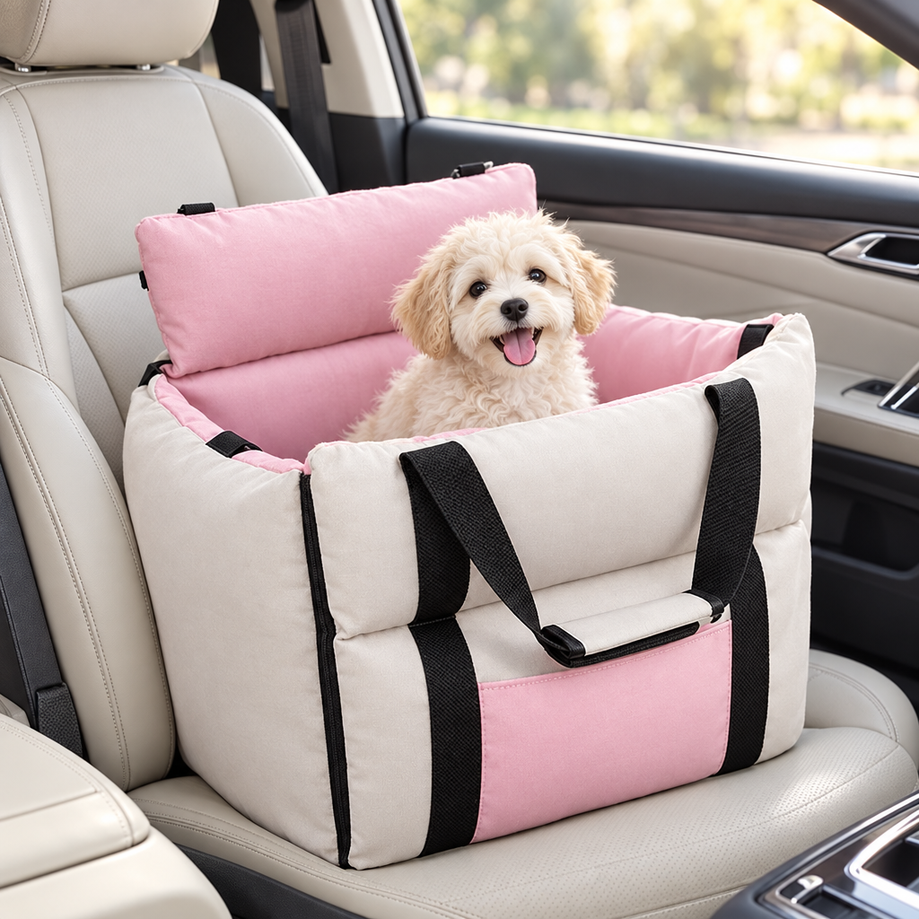 Joyride Lounger dog car seat in Blossom Pink on a passenger seat