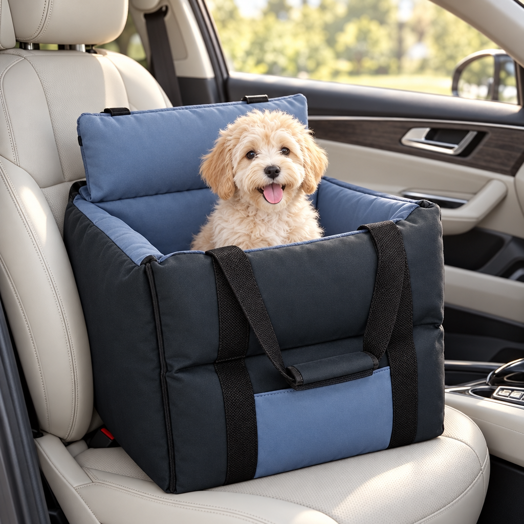 Joyride Lounger dog car seat in Denim on a passenger seat