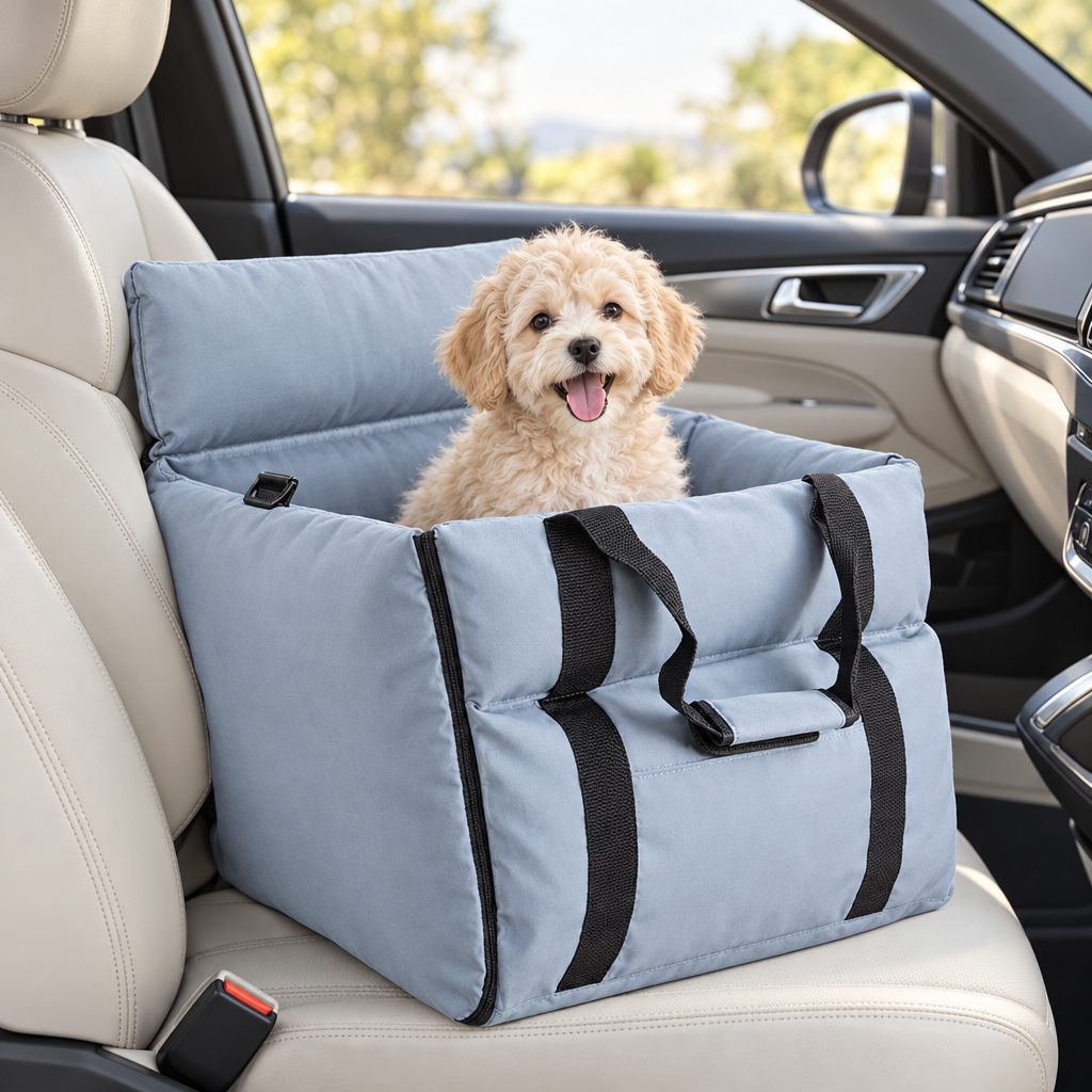 Joyride Lounger dog car seat in Powder Blue on a passenger seat