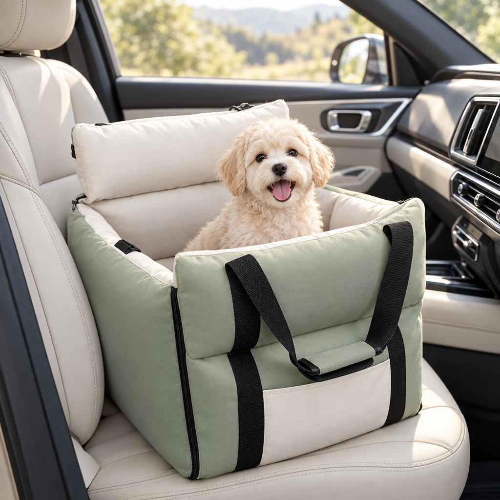 Joyride Lounger dog car seat in Sage on a passenger seat