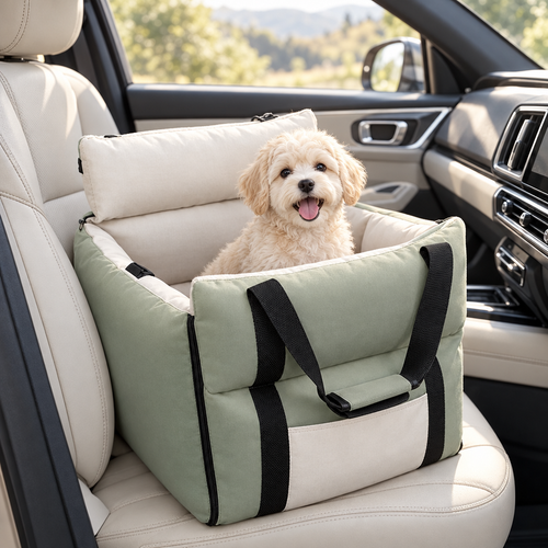 Joyride Lounger dog car seat in Sage on a passenger seat
