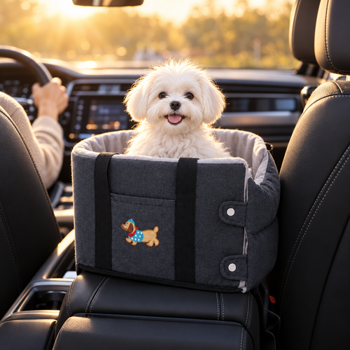 Happy Maltese puppy riding in the Co-Pilot Nest on the car's center console