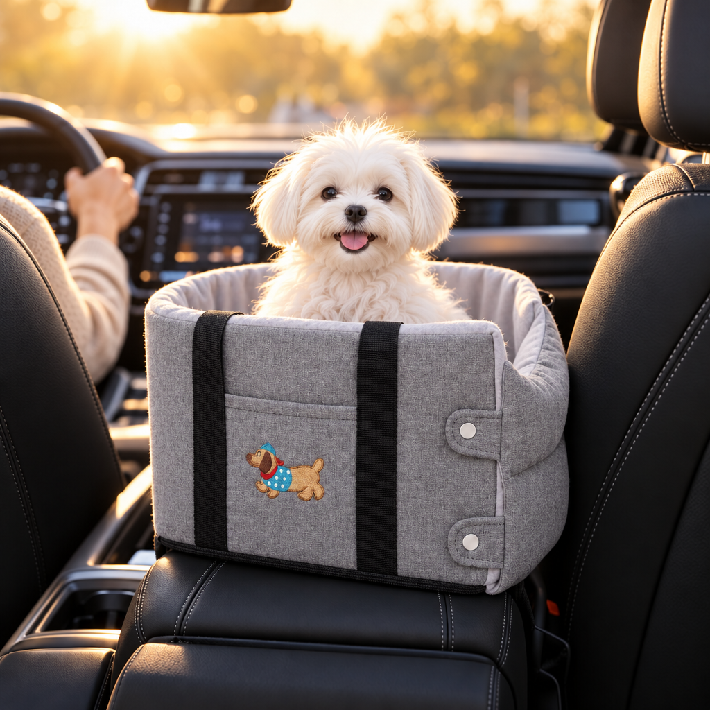 Maltese puppy in the Cloud Grey Co-Pilot Nest on the car's center console