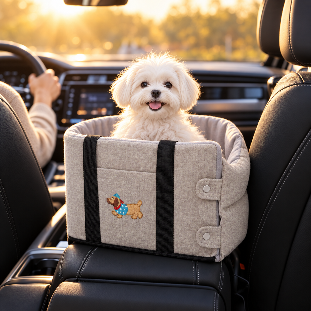 Maltese puppy in the Sand Co-Pilot Nest on the car's center console