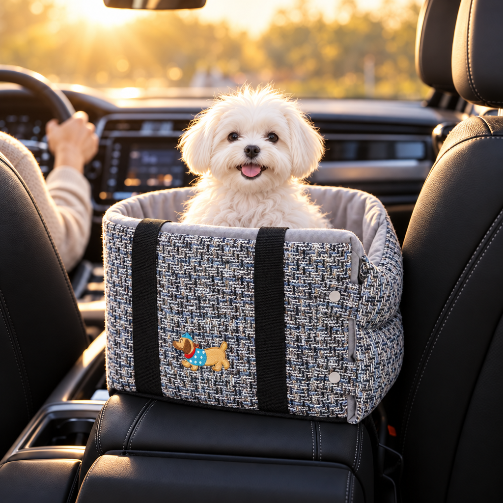 Maltese puppy in the Tweed Co-Pilot Nest on the car's center console