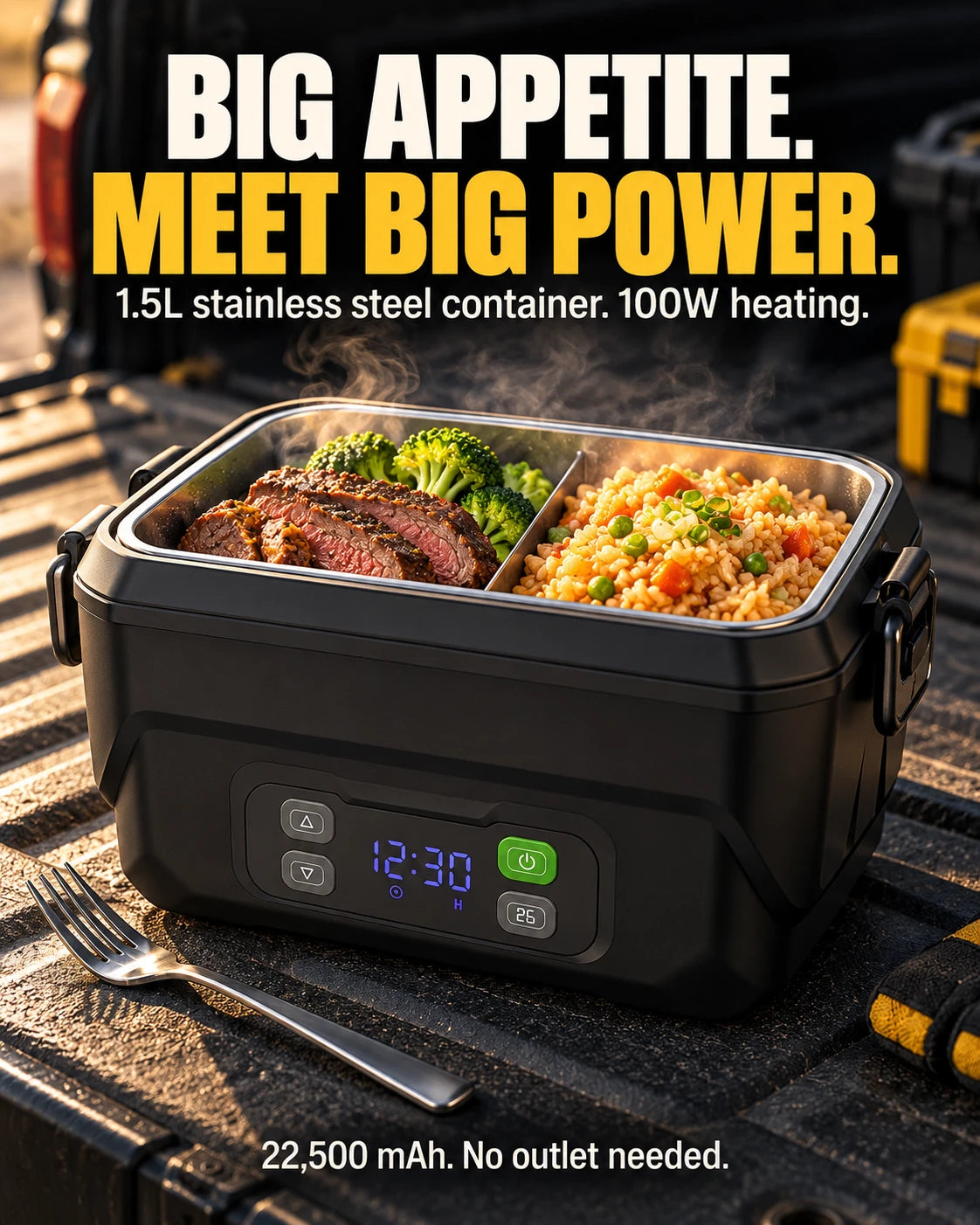 Big appetite, big power: 1.5L stainless-steel container, 100W heating