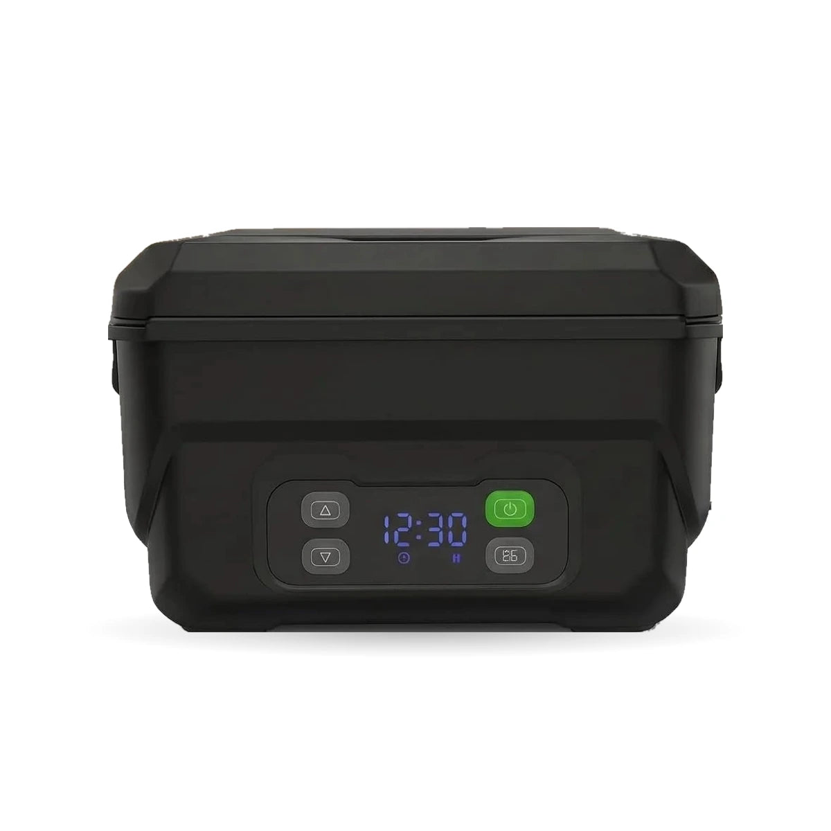 Heavy-Duty cordless heated lunch box in black, front view with push buttons and display