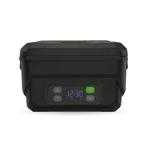 Heavy-Duty cordless heated lunch box in black, front view with push buttons and display