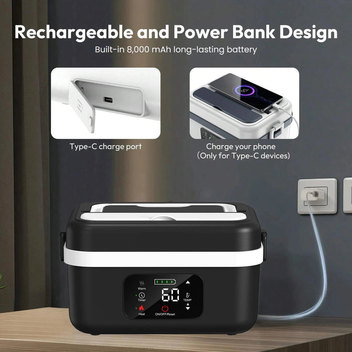 Built-in 8,000 mAh battery with USB-C charging that can also charge a phone