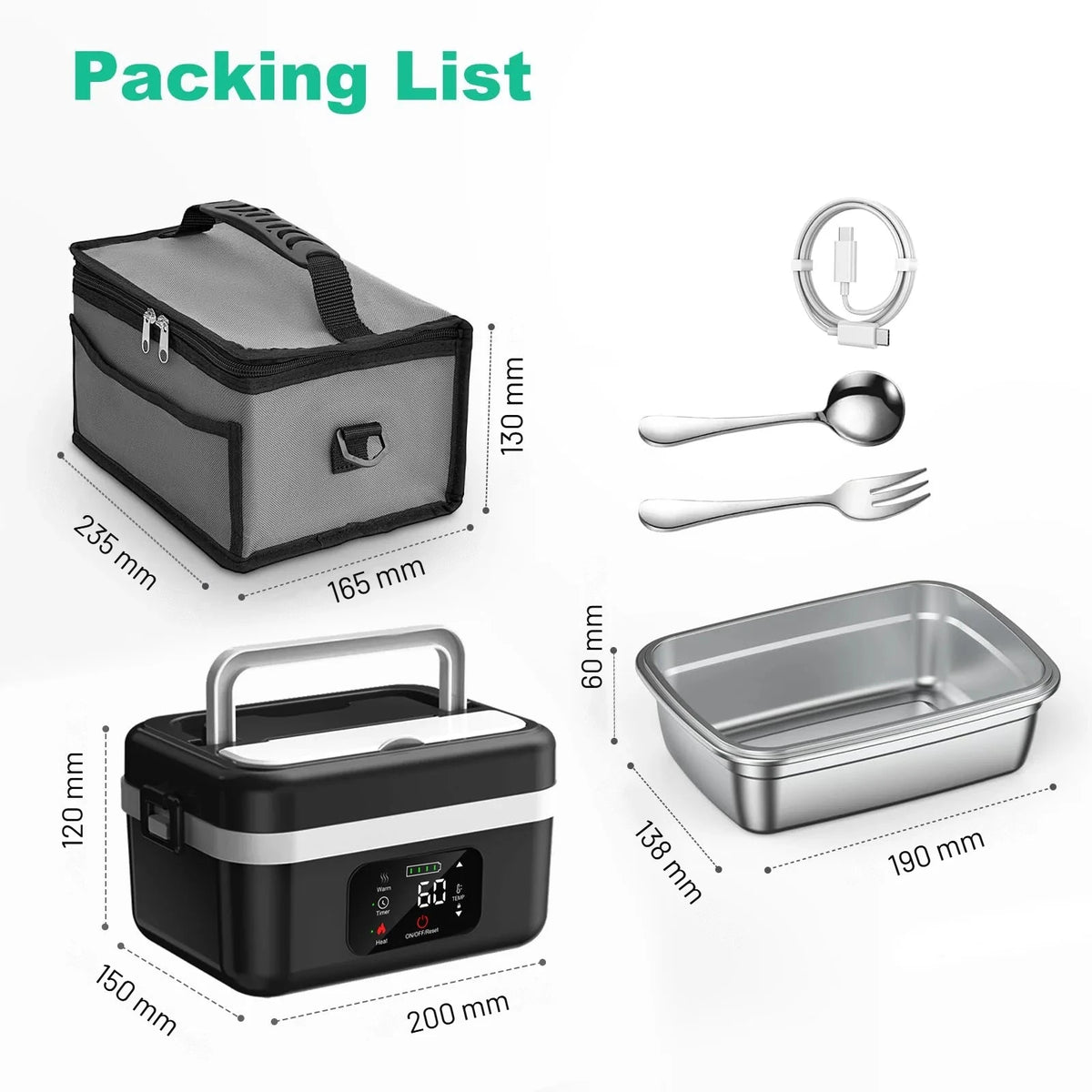 Everything in the box with sizes in millimetres: lunch box, carry bag, steel container, spoon, fork and USB cable