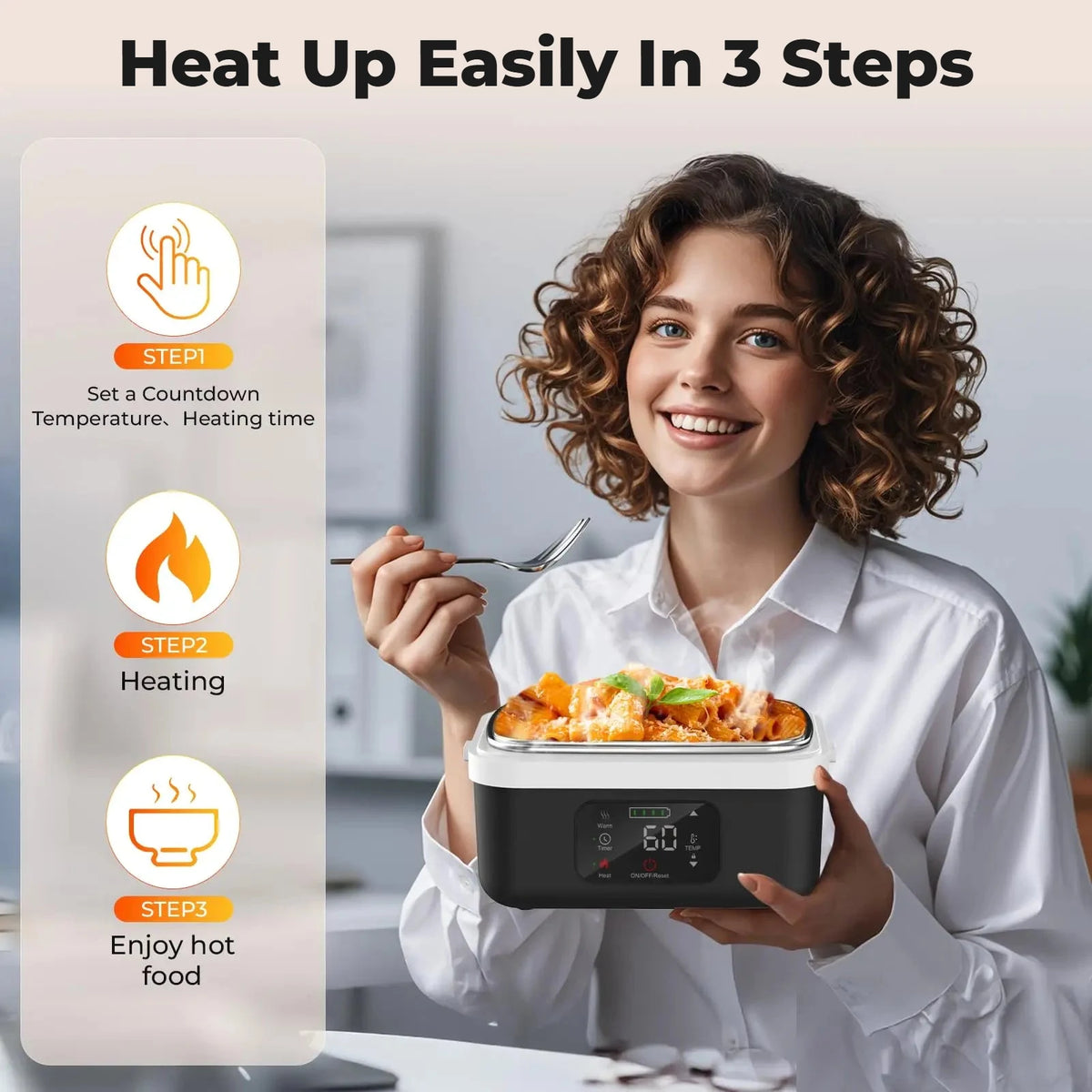 Heat up easily in 3 steps: set it, heat it, enjoy hot food