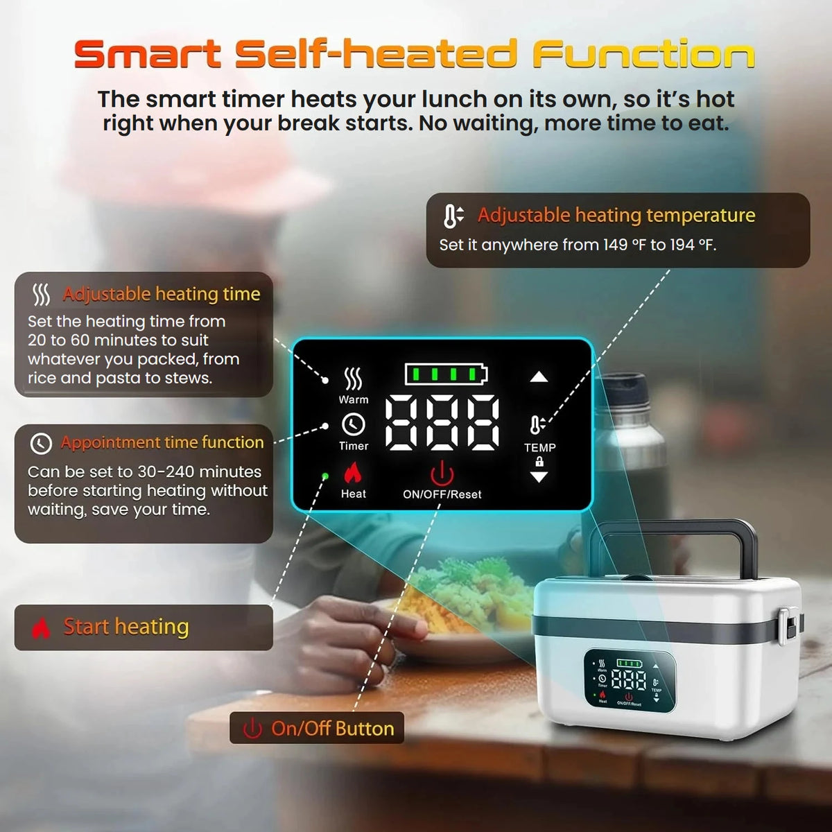 Smart timer, adjustable heating time and temperature on the touch panel