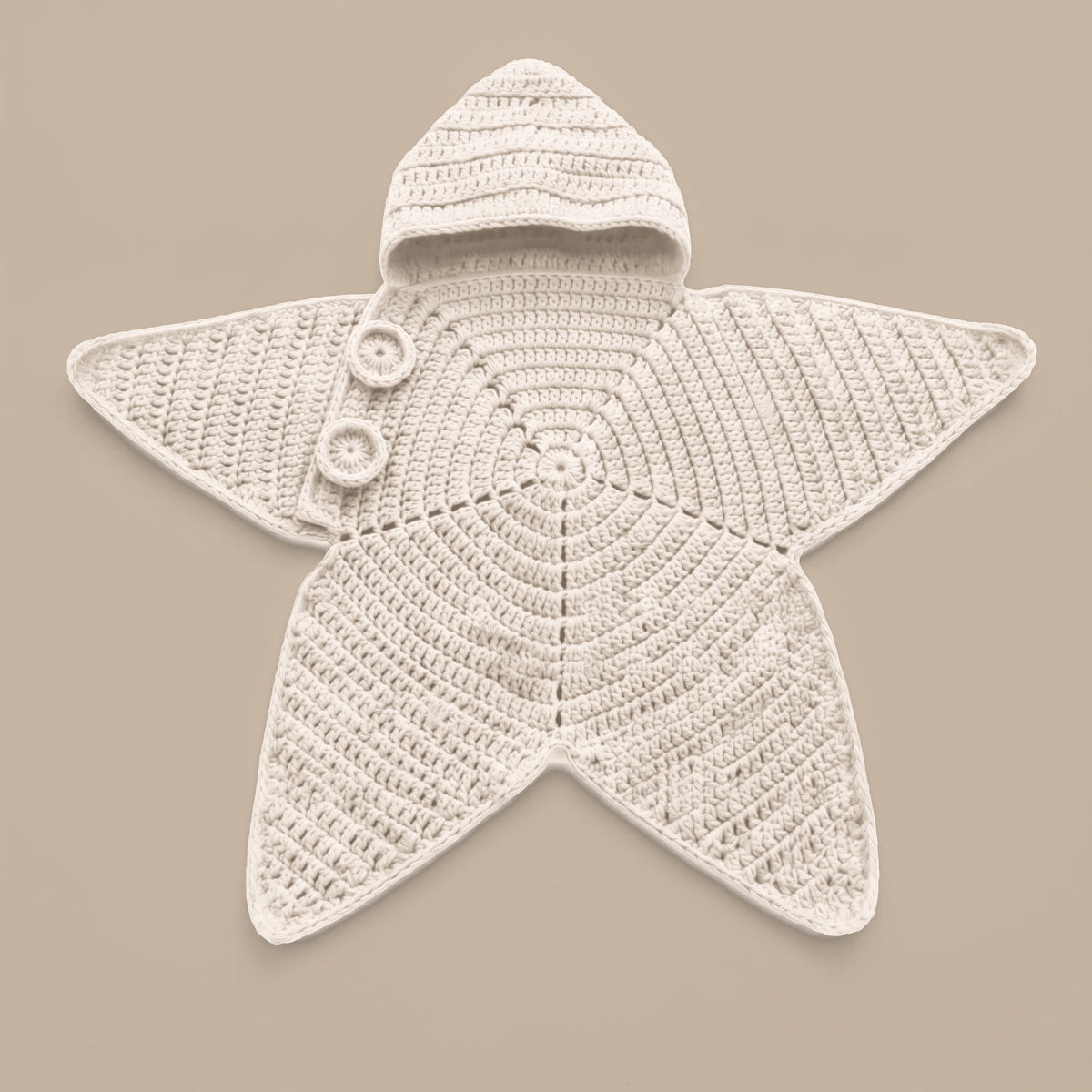 The Beige (cream) Little Starfish knit romper laid flat, showing the hood, two buttons and all five points