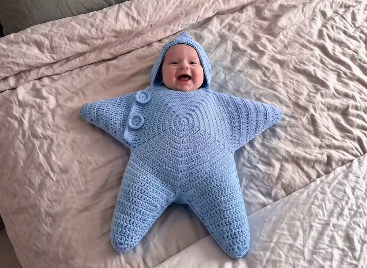 Baby laughing in the Blue Little Starfish knit romper on a bed