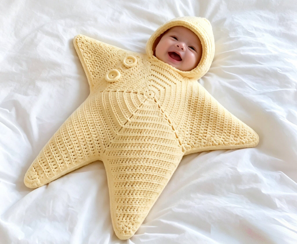 Baby laughing in the Yellow Little Starfish knit romper on white bedding
